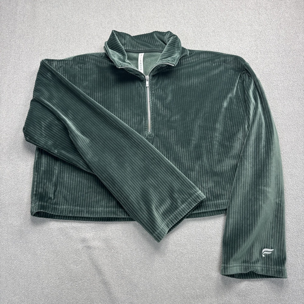 Fabletics Green Plush Rib Corduroy Quarter Zip Cropped Pullover Women's Size L